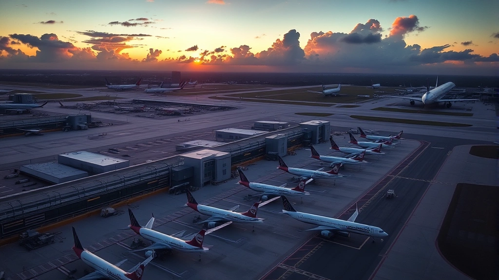 Aerial view of Orlando International Airport (MCO) at sunset with commercial aircraft lined up at gates, showing terminal buildings and runway infrastructure