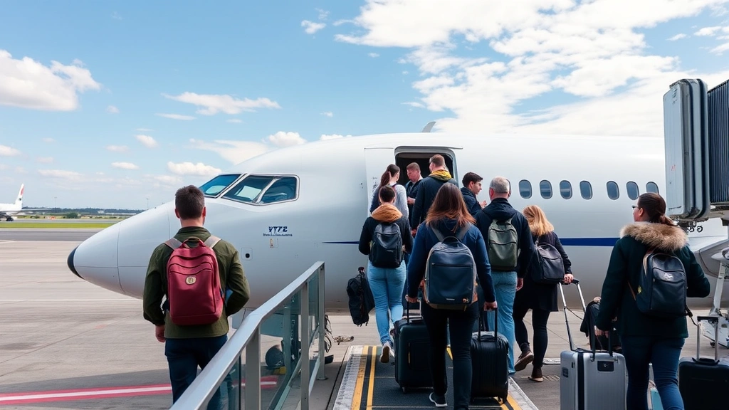 Passengers boarding a long-haul aircraft at an international airport, using jetway, diverse travelers with luggage, professional aviation setting