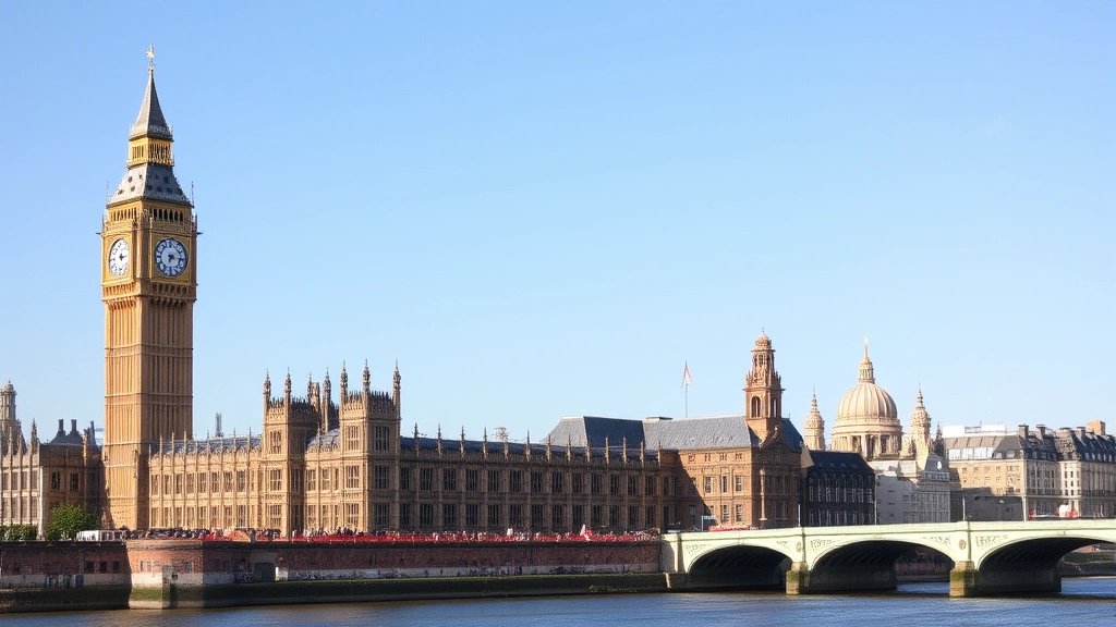 London skyline featuring Big Ben and Houses of Parliament with Thames River, iconic British architecture, clear daytime conditions, tourist destination view