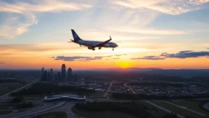 Overhead view of commercial aircraft approaching Nashville International Airport with city skyline and rolling Tennessee hills visible below at sunset