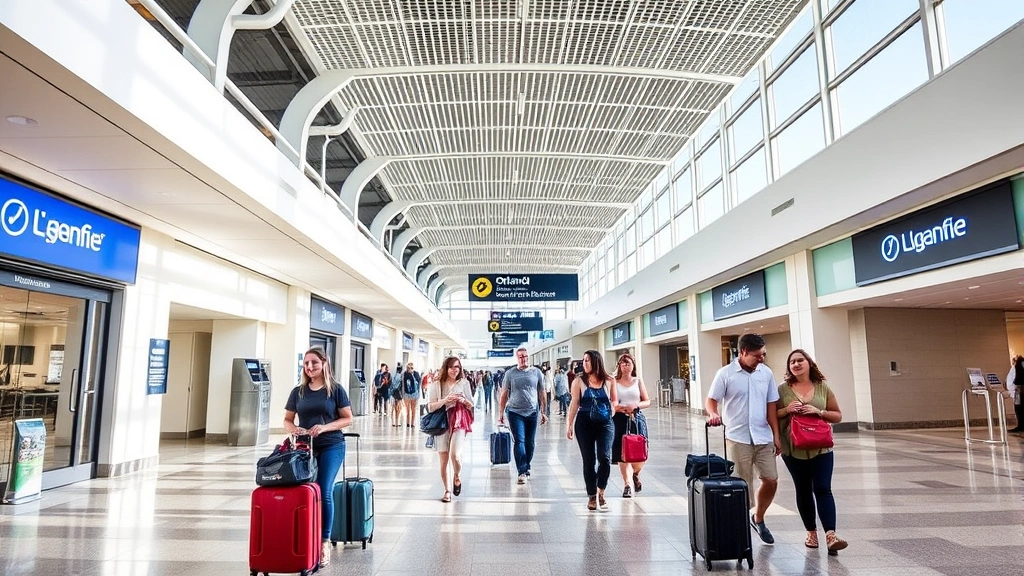 Modern airport terminal interior at Orlando International Airport with travelers walking through bright corridor carrying luggage and boarding passes