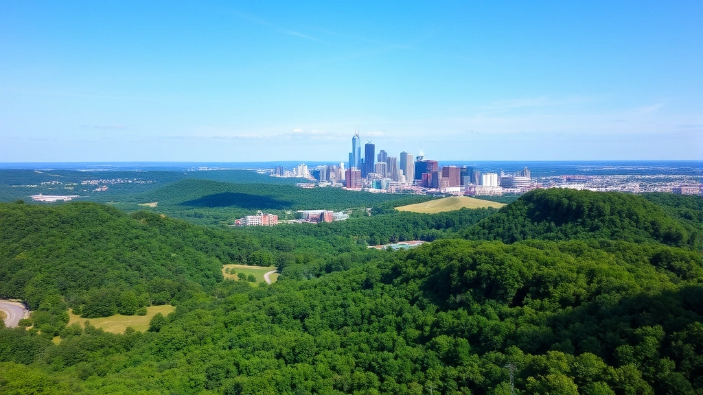 Aerial view of lush Nashville landscape with Music City skyline in distance, showing green hills and downtown buildings under blue sky