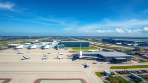 Wide aerial view of Orlando International Airport (MCO) with multiple aircraft parked at gates, blue sky, modern terminal buildings visible, sunny Florida landscape