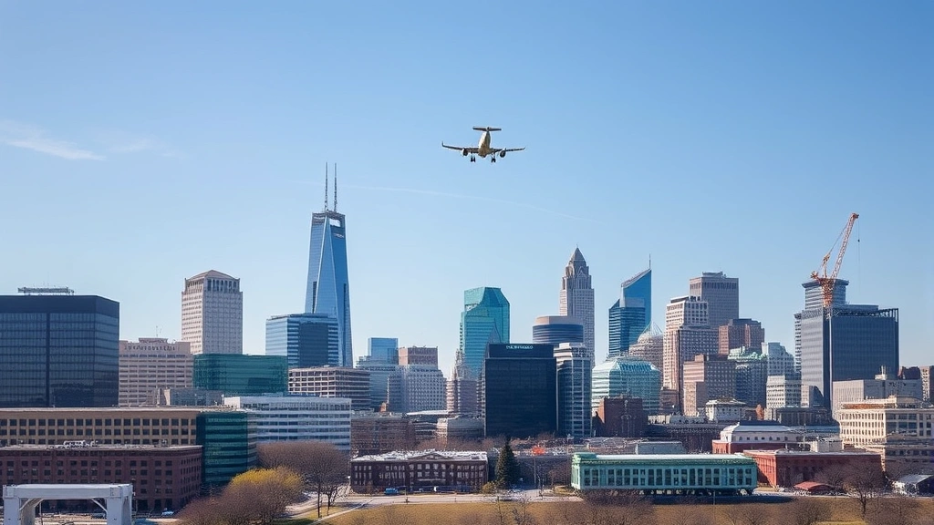 Modern Philadelphia skyline with Liberty Bell and historic district, airplane landing approach visible in sky, urban architecture and historic landmarks, daytime clear weather