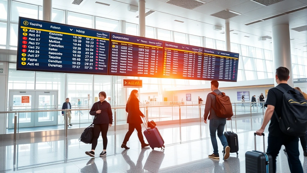 Modern airport departure board showing flight destinations and times, with passengers with luggage walking through bright terminal corridor