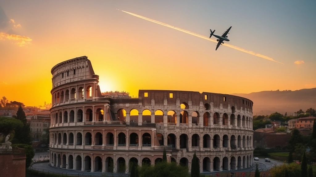 Rome Colosseum ancient monument at golden hour sunset, with airplane contrail visible in sky above, Italian landscape in background