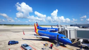Aerial view of small regional airport terminal with Southwest Airlines aircraft parked at gate, sunny Florida weather, clear blue sky, passengers boarding plane