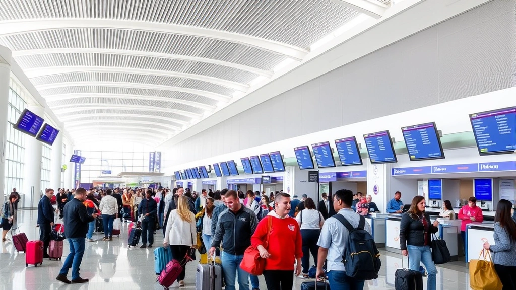 Busy Orlando International Airport departure hall with travelers checking luggage, multiple airline counters, departure boards visible, modern airport architecture, bright natural lighting
