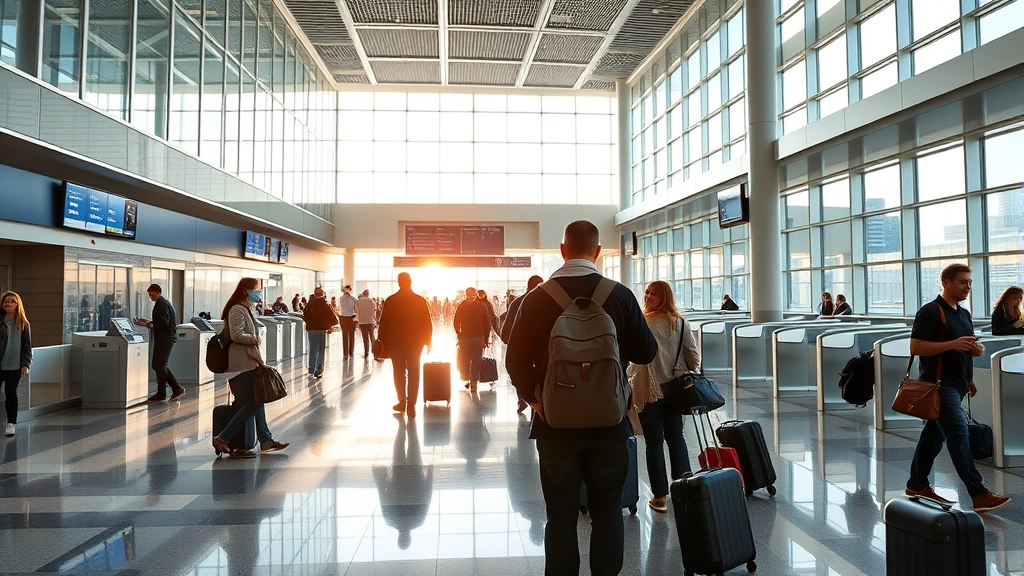Boston Logan Airport terminal interior with modern architecture, travelers checking phones and checking bags, bright natural light from large windows, Northeast corridor energy