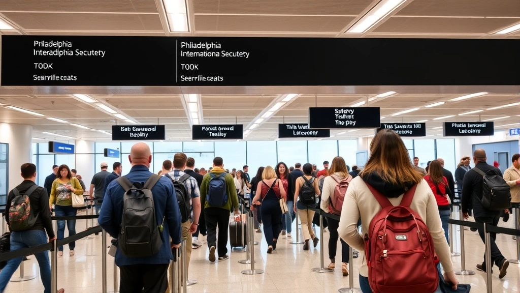 Travelers in airport security line at Philadelphia International, diverse group moving through checkpoint, modern TSA security screening area, busy morning travel scene