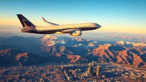Modern commercial aircraft in flight over Rocky Mountains with Denver skyline visible below, golden hour lighting, clear blue sky, realistic photography