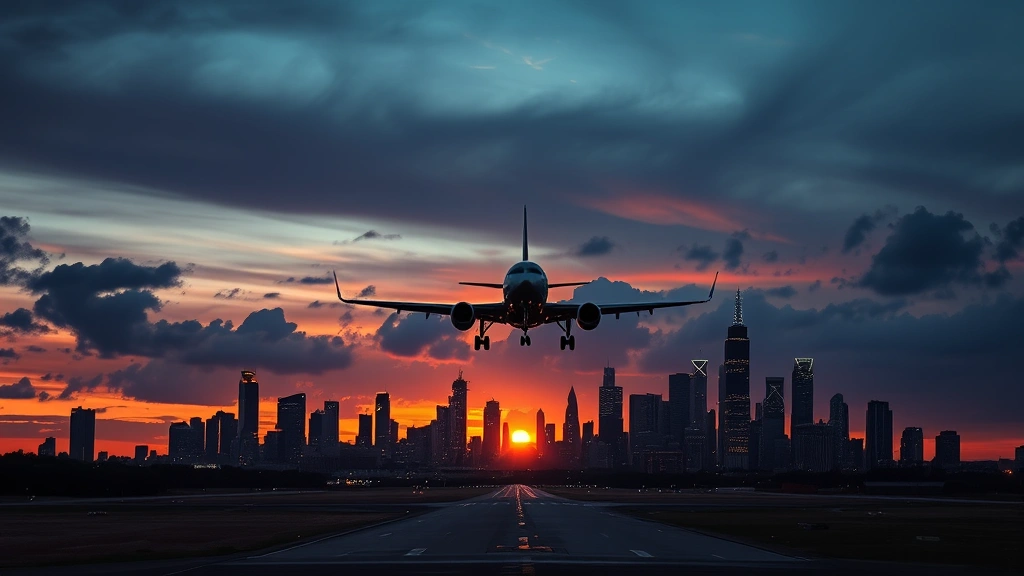 Houston skyline at sunset with commercial aircraft approaching runway, city lights beginning to glow, professional aviation perspective, dramatic sky