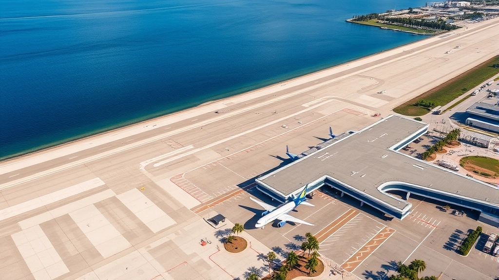 Aerial view of Tampa International Airport with blue water and palm trees visible, modern airport terminal with aircraft at gates, sunny Florida landscape