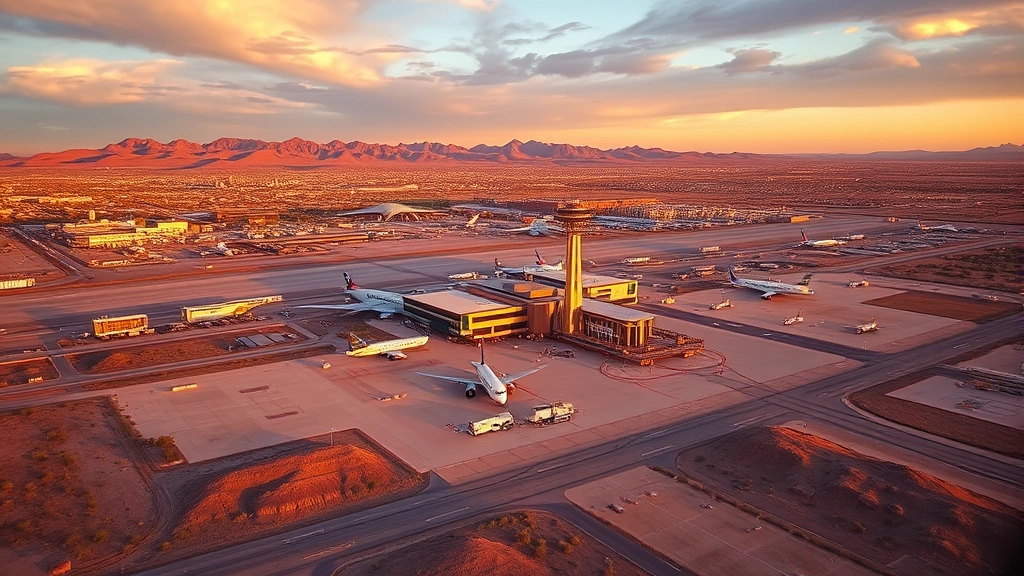 Aerial view of Phoenix Sky Harbor International Airport with desert landscape and modern terminal buildings during golden hour sunset