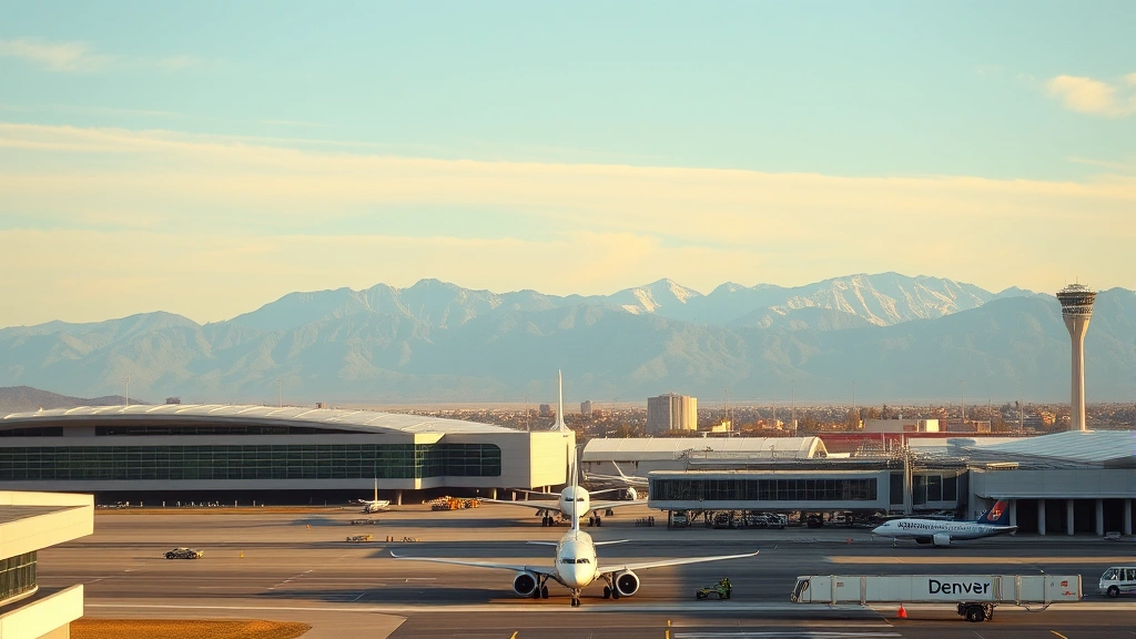 Denver International Airport modern architecture with mountains visible in background, showing aircraft on tarmac and ground operations