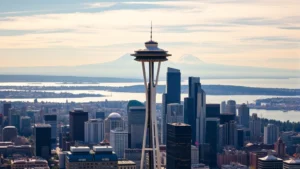 Aerial view of Seattle Space Needle with Mount Rainier in background, sunny day, vibrant cityscape with Puget Sound visible