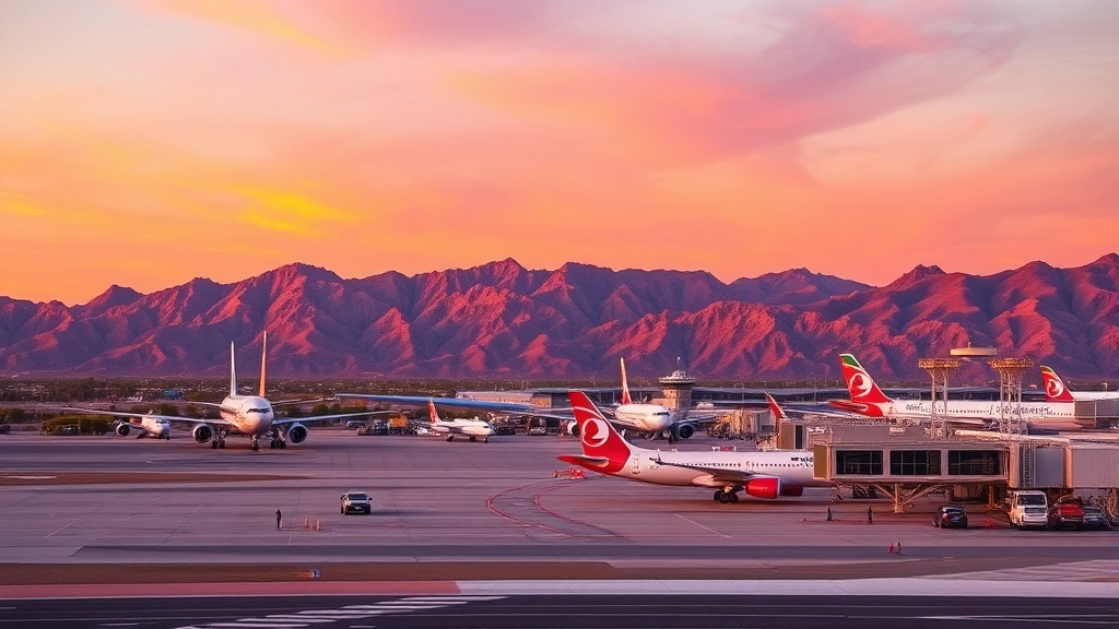 Phoenix Sky Harbor International Airport exterior at sunset with desert mountains, aircraft on tarmac, warm golden hour lighting
