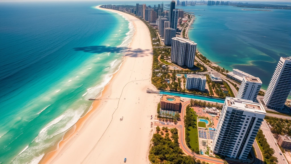 Aerial view of Miami's coastline with turquoise ocean and white sandy beaches, sunny weather, modern high-rise buildings along the shore, vibrant tropical landscape