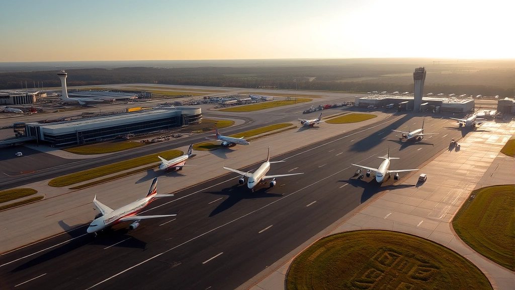 Aerial view of Raleigh-Durham International Airport with morning sunlight, commercial aircraft taxiing on runways, control tower visible, North Carolina landscape in background