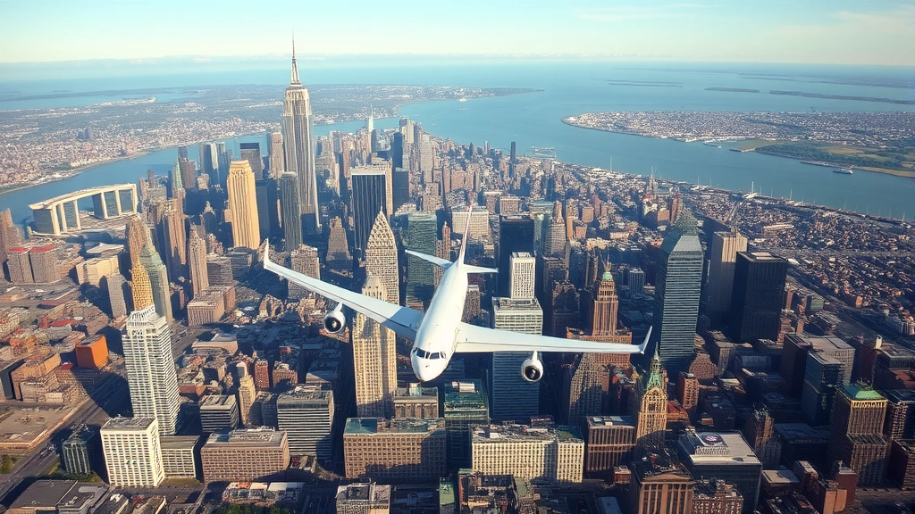 Aerial cityscape of Manhattan New York City skyline with Hudson River, LaGuardia and Newark airports visible from above, commercial aircraft approaching for landing