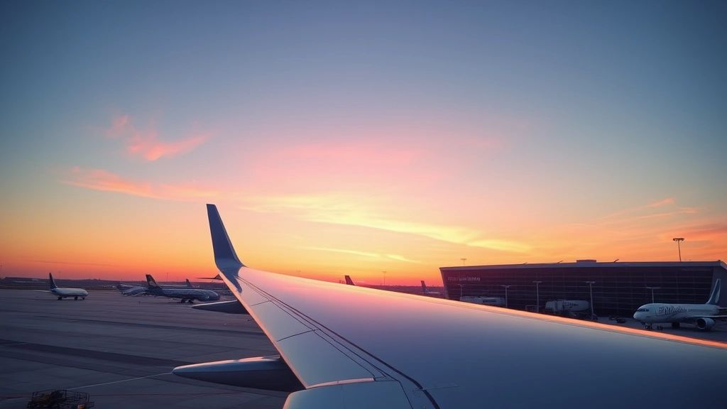 Sunrise over Raleigh-Durham International Airport tarmac with multiple commercial aircraft parked at gates, modern terminal building in background, clear blue sky with pink morning light reflecting on aircraft fuselage