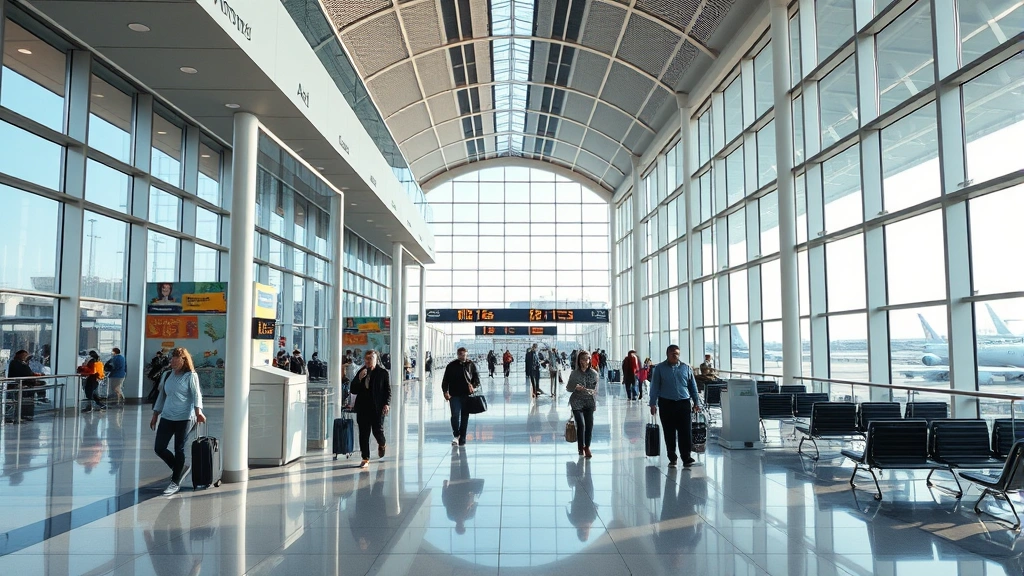Modern airport terminal interior with travelers walking through contemporary architecture featuring large windows, natural lighting, and open spaces with visible departure boards and seating areas
