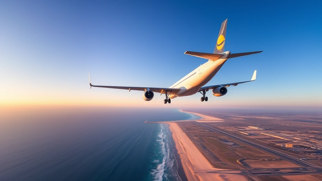 Aerial view of a modern commercial jet ascending from a coastal airport at sunrise, with blue ocean and sandy beaches visible below, clear sky with warm golden light