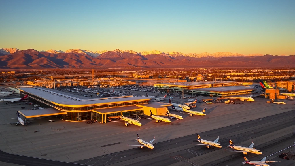 Aerial view of Salt Lake City International Airport with snow-capped Wasatch Mountains in background, modern terminal building visible, commercial aircraft on tarmac during golden hour sunset