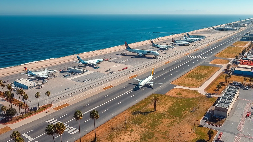 Aerial view of San Diego International Airport with palm trees and Pacific Ocean coastline visible, commercial aircraft taxiing on runway, clear sunny day, photorealistic professional photography