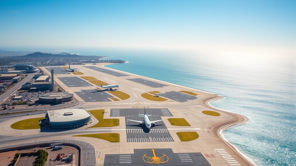 Aerial view of San Diego International Airport terminal with aircraft on runway, California coastline visible in background, blue ocean and sunny weather