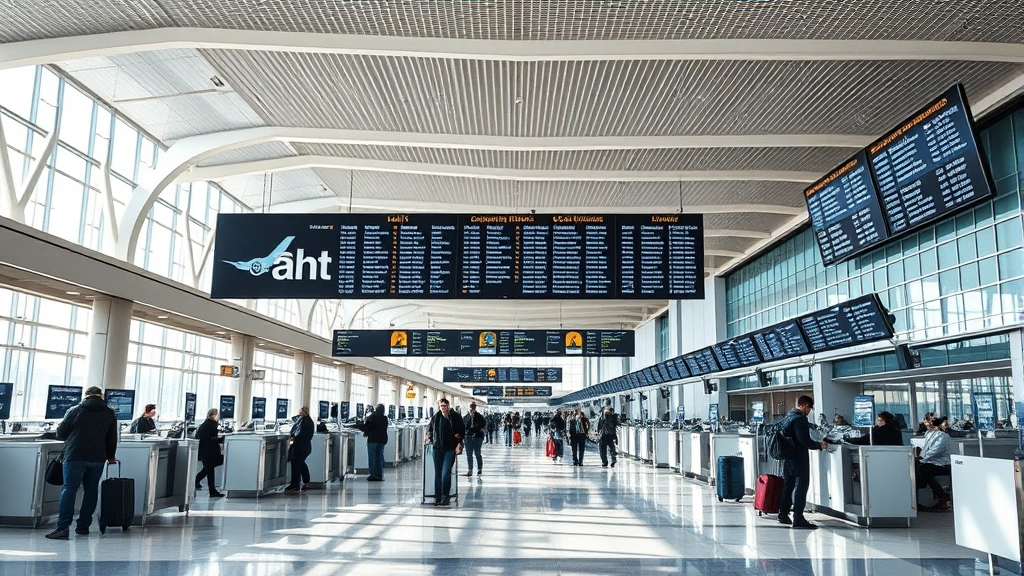 Modern airport terminal interior with travelers at check-in counters and departure boards showing flight information, busy domestic terminal with natural lighting and contemporary design