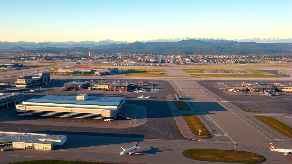 Aerial view of Seattle-Tacoma International Airport with Pacific Northwest mountains in background, modern terminal buildings visible, dawn lighting casting long shadows across runways