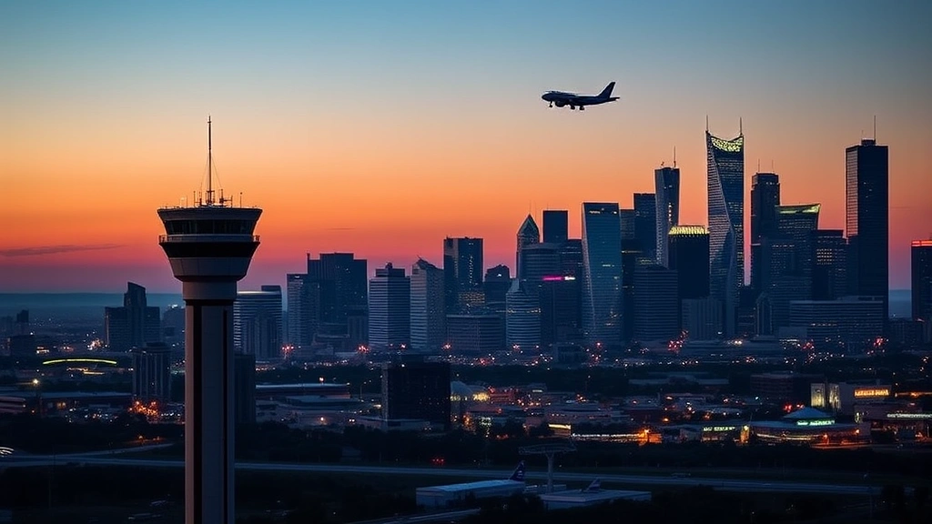 Houston downtown skyline with George Bush Intercontinental Airport control tower in foreground, evening city lights beginning to illuminate, aircraft approaching for landing