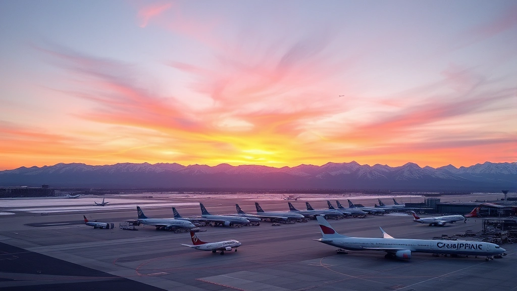 Aerial view of Salt Lake City International Airport at sunrise with snow-capped Wasatch Mountains in background, commercial aircraft on tarmac