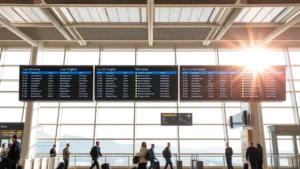 Salt Lake City International Airport terminal interior with departure boards showing Los Angeles flights, morning sunlight through windows, modern architecture, travelers with luggage