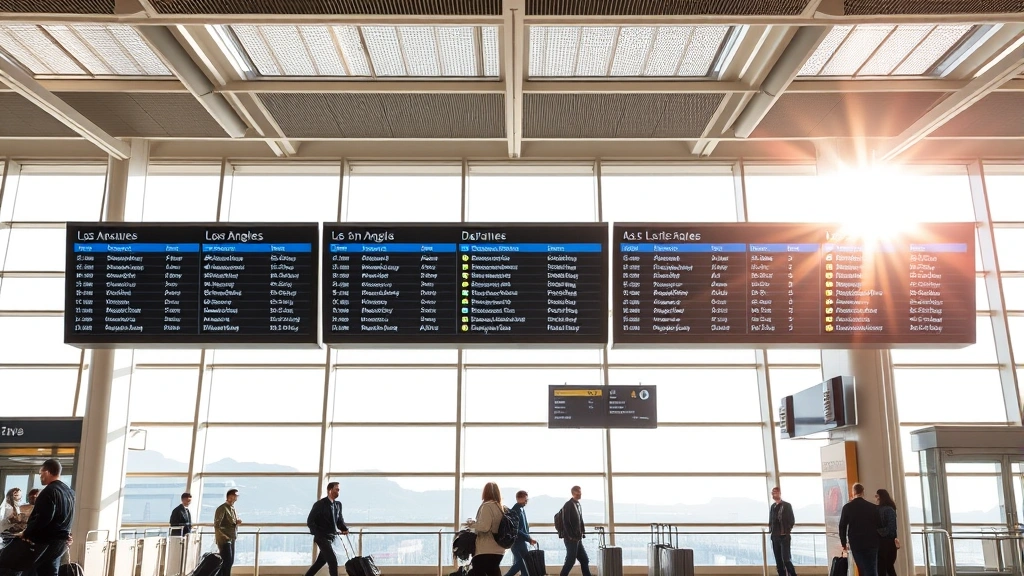 Salt Lake City International Airport terminal interior with departure boards showing Los Angeles flights, morning sunlight through windows, modern architecture, travelers with luggage