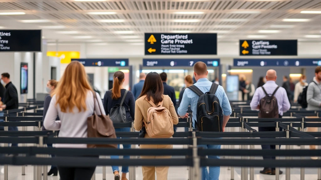 Airport security checkpoint area with travelers in casual attire, departure gate signage in background, modern airport terminal design, typical business travel scene