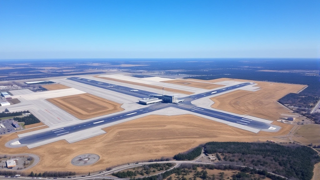 Aerial view of Syracuse Hancock International Airport runway with modern terminal building, clear blue sky, upstate New York landscape with trees and roads visible below
