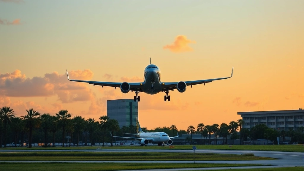 Modern commercial aircraft landing at Orlando International Airport with palm trees and Florida landscape in background, sunset lighting, dynamic motion captured