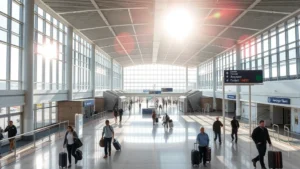 Tampa International Airport terminal interior with modern architecture, early morning sunlight streaming through windows, travelers with luggage moving through concourse, no visible signage or text