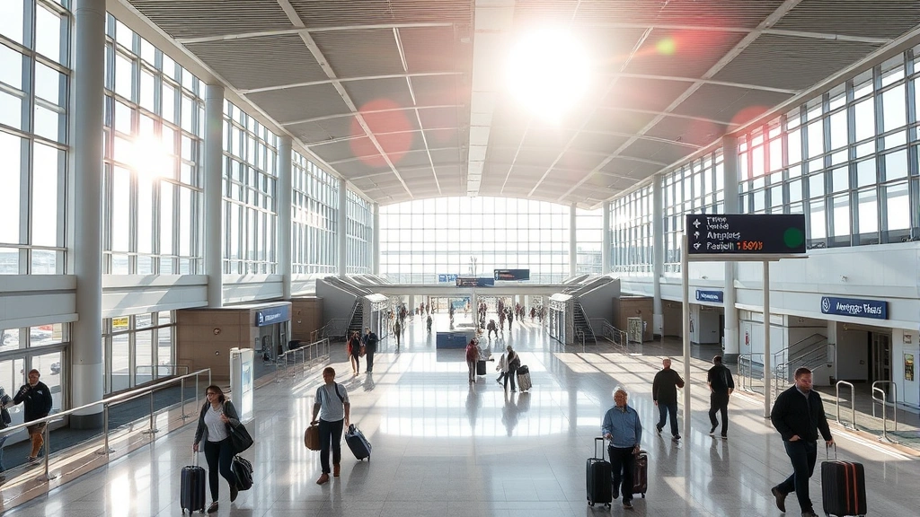 Tampa International Airport terminal interior with modern architecture, early morning sunlight streaming through windows, travelers with luggage moving through concourse, no visible signage or text
