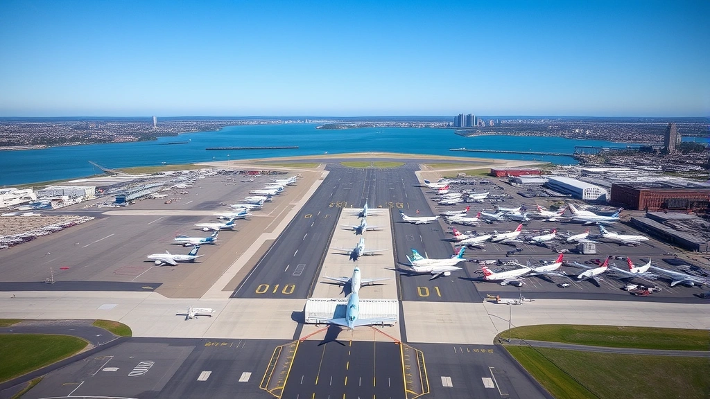 Aerial view of Boston Logan Airport runway with multiple aircraft parked at gates, harbor and city skyline visible in background, clear weather conditions, professional aviation photography