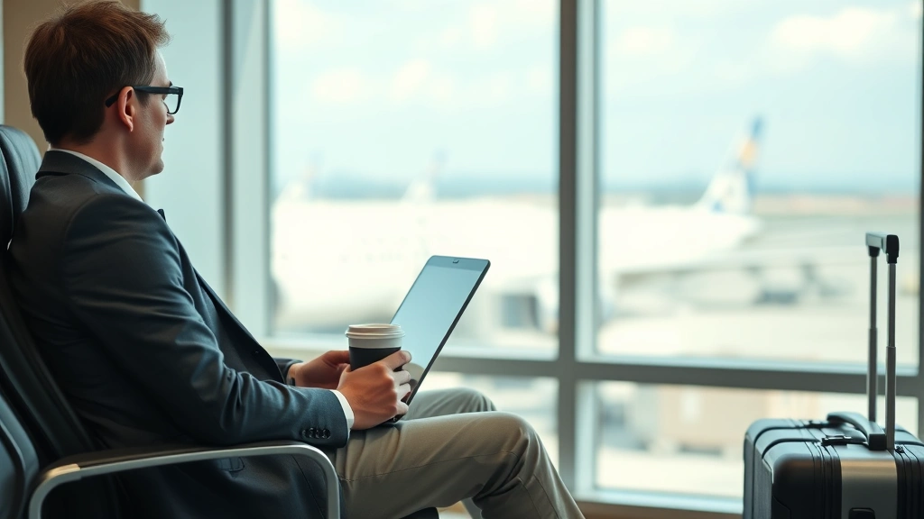 Business traveler sitting at gate area with laptop, coffee cup, and carry-on luggage visible, window showing aircraft outside, calm airport atmosphere, focus on traveler comfort during wait time