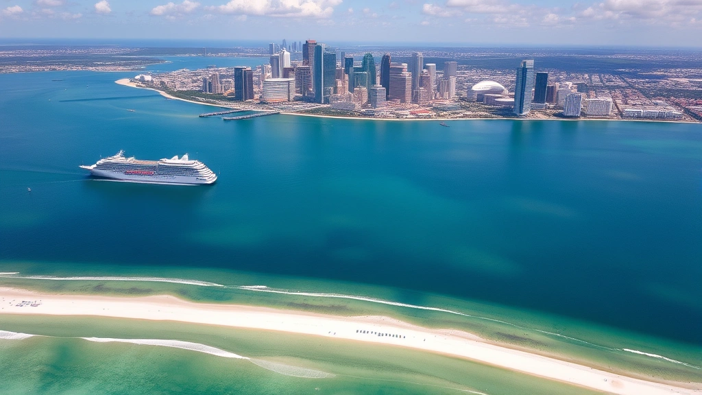 Aerial view of Tampa Bay coastline with cruise ships and downtown skyline, clear blue water and white sandy beaches visible from above, sunny weather
