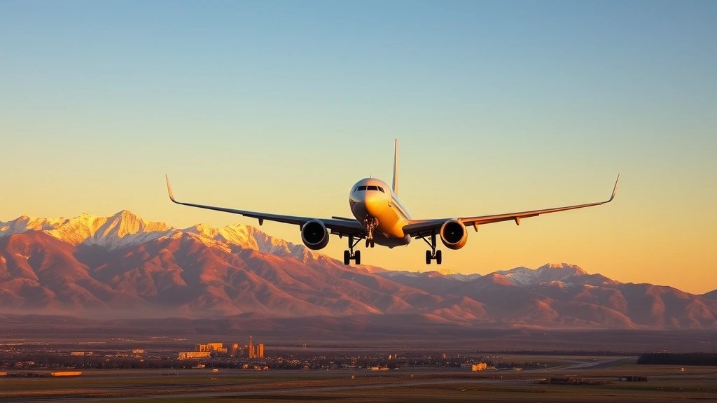 Aerial view of a commercial jet approaching Bozeman airport with snow-capped Montana mountains in the background during golden hour sunset