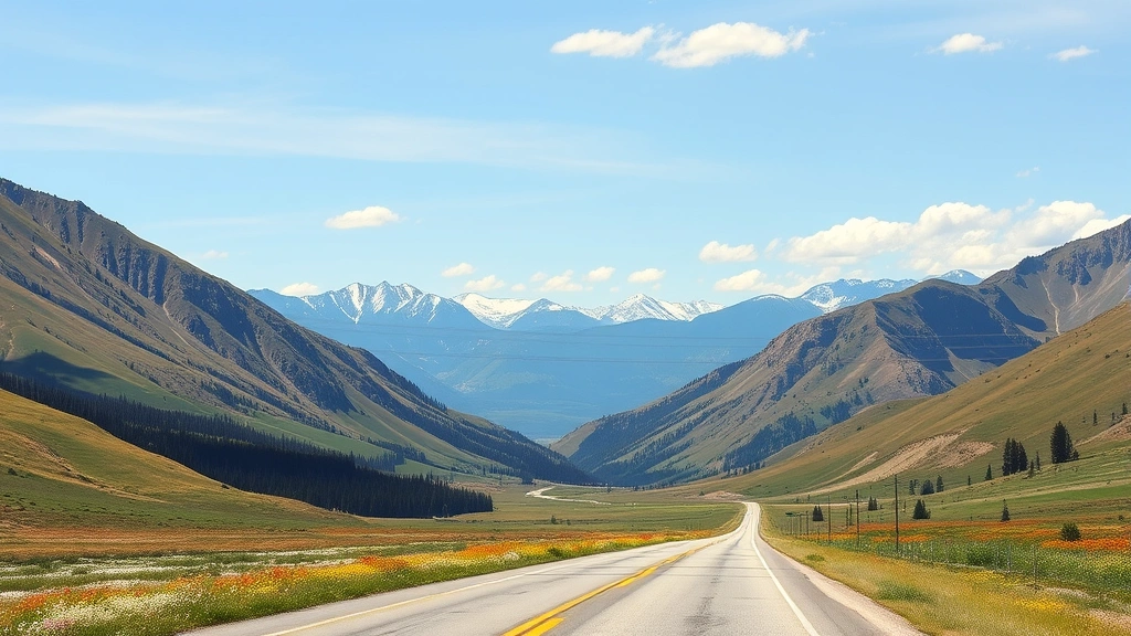 Scenic mountain valley landscape along Highway 191 between Bozeman and Yellowstone North Entrance, with wildflowers and distant peaks