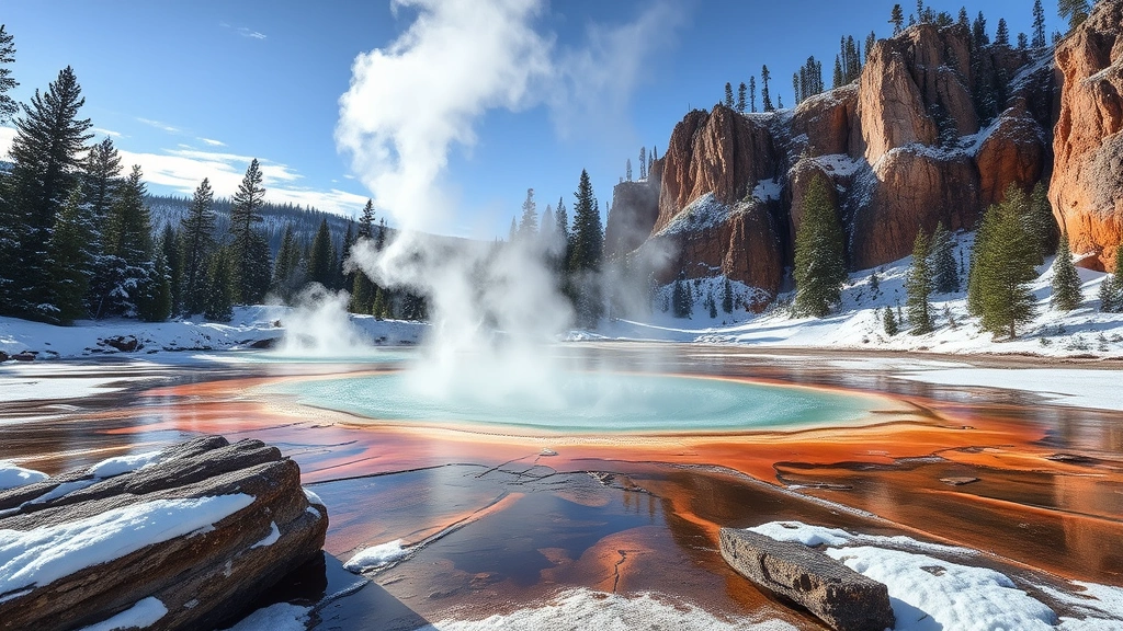 Geothermal hot spring with steam rising in winter at Yellowstone, surrounded by snow-covered pine trees and dramatic rocky terrain