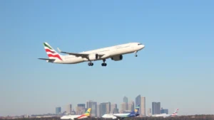 Modern commercial aircraft taking off from Minneapolis-St. Paul International Airport on a clear sunny morning, with city skyline visible in the background