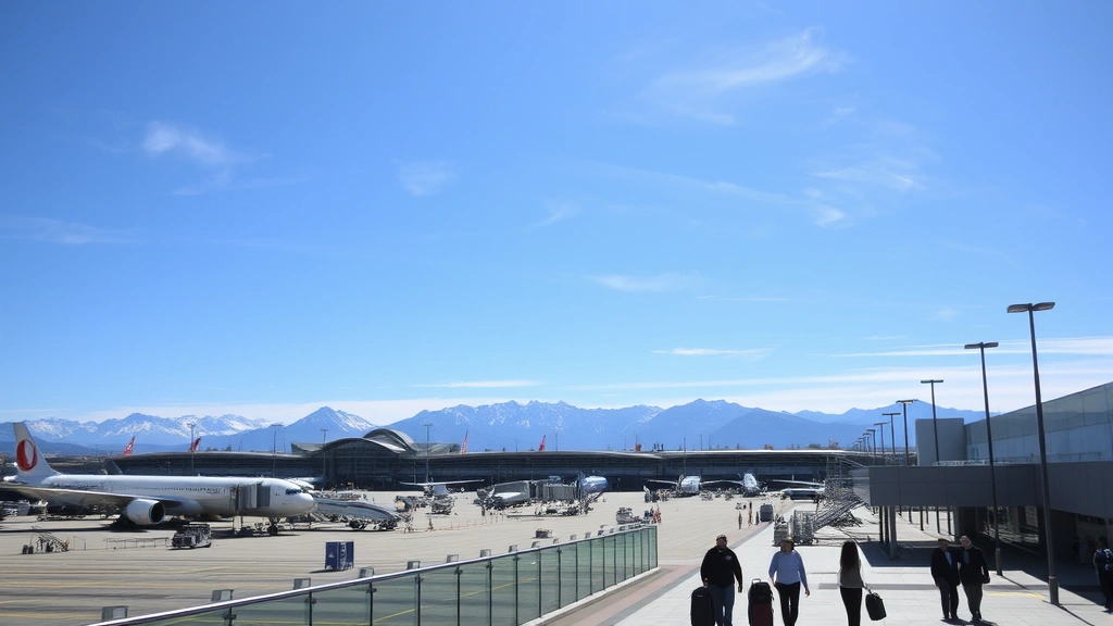 Scenic view of Denver International Airport terminal with Rocky Mountains visible in the distance under blue sky, travelers walking with luggage