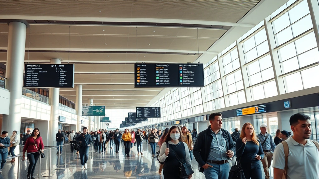 Busy airport terminal corridor with travelers walking through modern architecture, digital flight information displays showing destinations, natural daylight from large windows